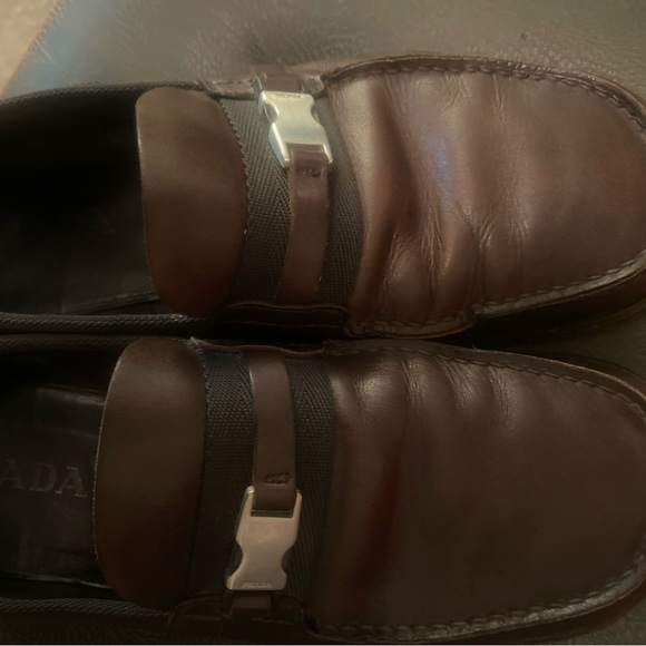 Prada Brown Leather slip on Loafers with Signature side Buckle Loafer - Picture 10 of 14